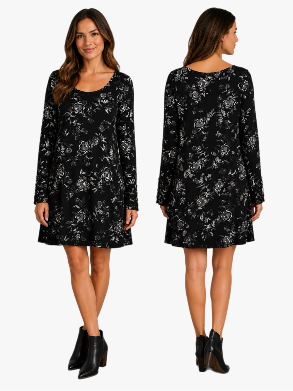 Mudd Black White Floral Swing Dress Lace-Up Sleeve Boho Women’s Size XL